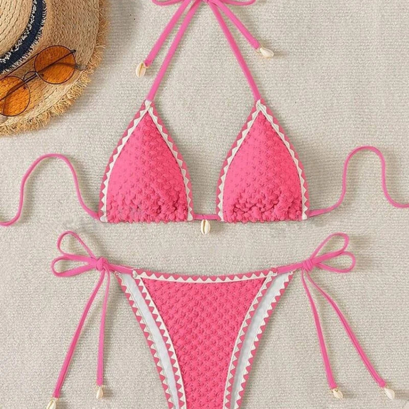 Sexy Halter Wrinkled Weave Bikini Set Shell Designer Swimsuit Women Push Up Micro Bikinis Summer Bathing Suit Swim Beach Wear