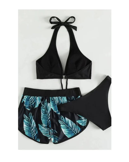 Women 2025 New Bikinis 6 Colors Sexy Halter Bikini 3 Piece Set Leafs Print High Waisted Swimsuit Beach Bathing Suit Size S-XXL