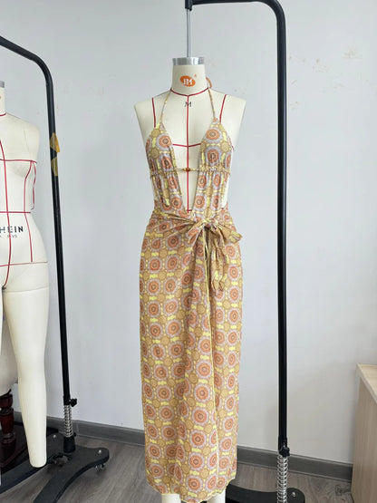 2025 New High Quality Elegant One Piece Swimsuit And Skirt Print Deep-V Lace-up Women Bikini Set Swimwear Party Bathing Suit