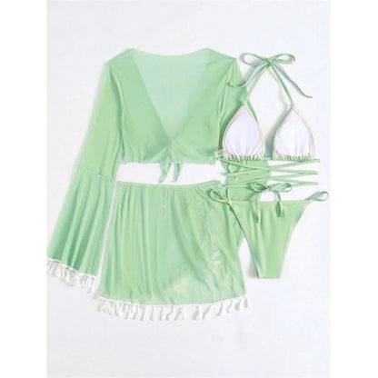 S - XL With Tassel Skirt Long Sleeve Bikini Women Swimwear Female Swimsuit Four-pieces Bikini set Bather Bathing Suit Swim V7060