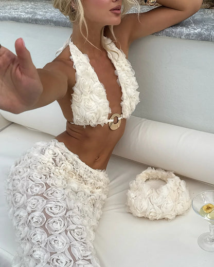 3D Flower Bikini Swimsuit with Skirt Halter Swimwear Women Brazilian Bikini 3 Pcs Bathing Suit A Line Skirt Summer Female