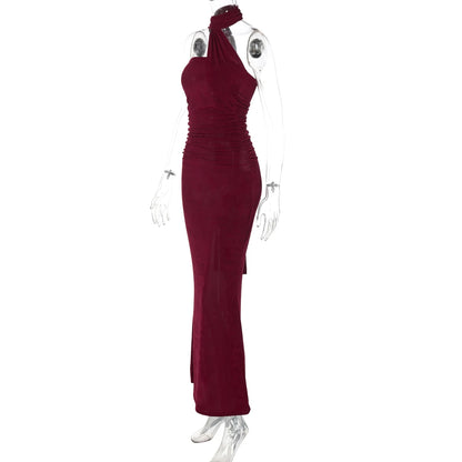 Hugcitar Halter Solid Sleeveless Backless Ruched Sexy Bodycon Maxi Prom Dress Summer Women Elegant Outfit Evening Party Birthday