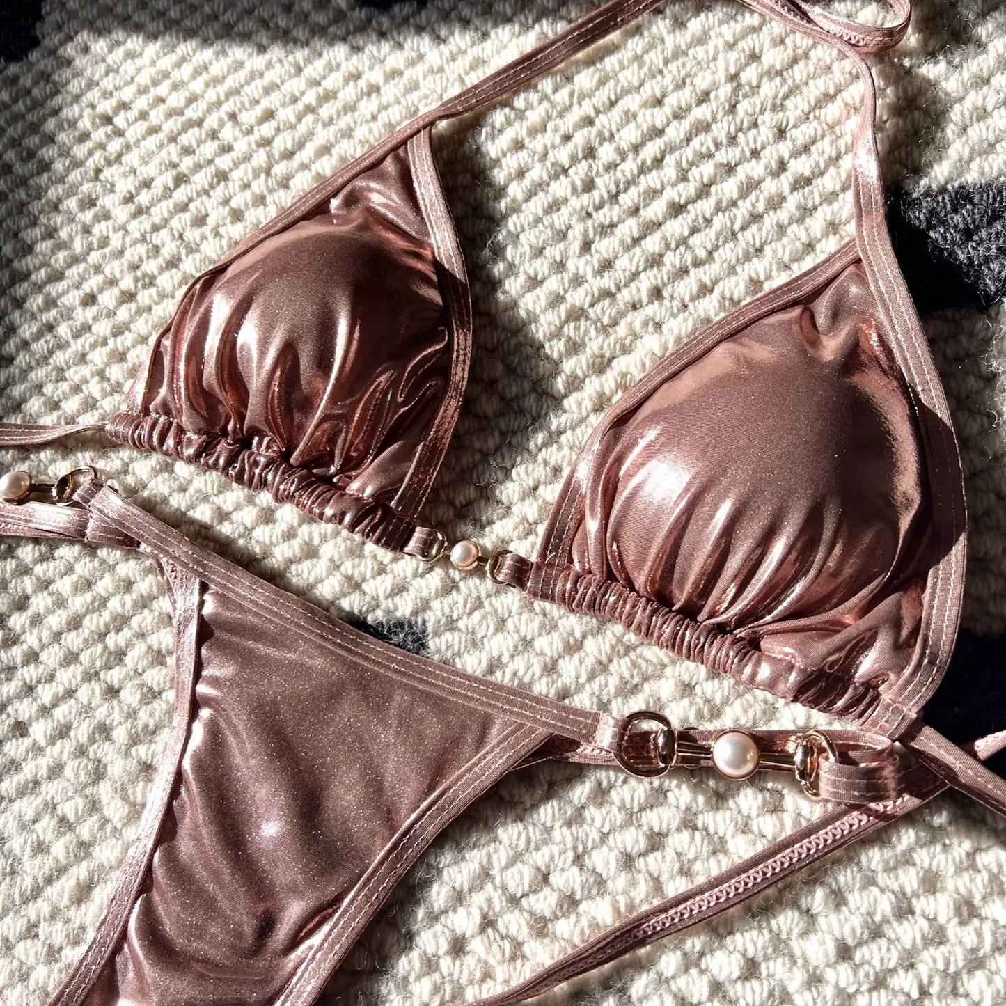 Shiny Pink Micro Bikini 2025 Mujer Women Sexy PU Pearls Push Up Thong Swimsuit Summer Bathing Suit Bandage Holiday Swimwear