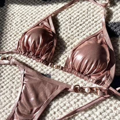 Shiny Pink Micro Bikini 2025 Mujer Women Sexy PU Pearls Push Up Thong Swimsuit Summer Bathing Suit Bandage Holiday Swimwear