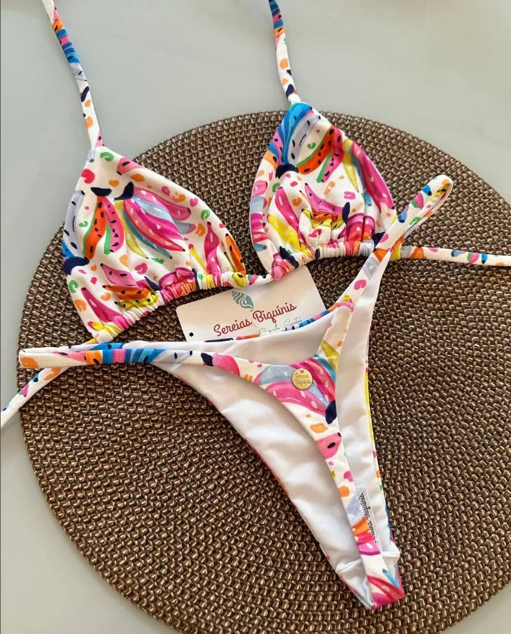 Print Sexy Bikini Sets Halter Lace-up Tops Thongs Beach Style Bathing Suit Y2k Swimsuits Women Beachwear Купальник Женский 2025