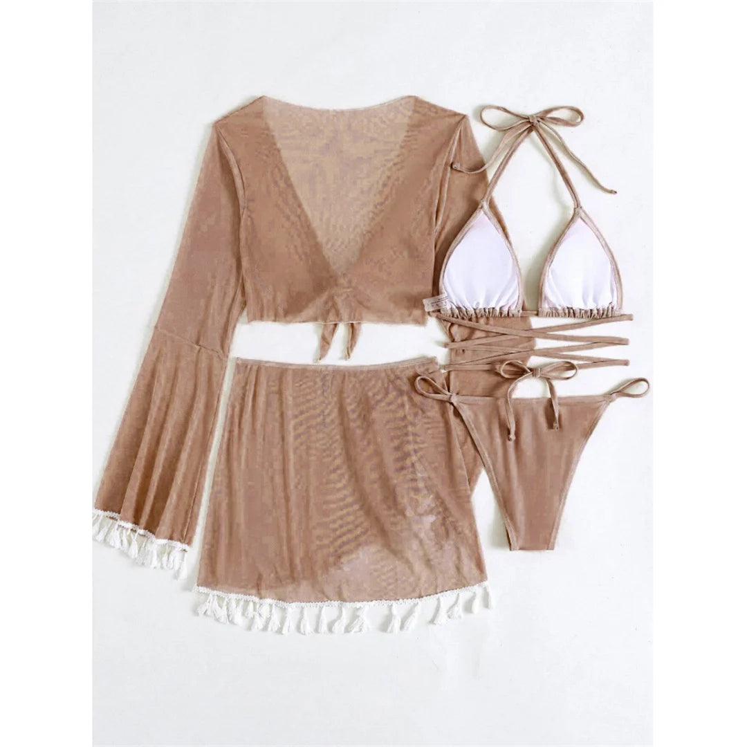 S - XL With Tassel Skirt Long Sleeve Bikini Women Swimwear Female Swimsuit Four-pieces Bikini set Bather Bathing Suit Swim V7060