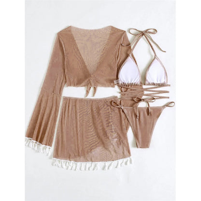 S - XL With Tassel Skirt Long Sleeve Bikini Women Swimwear Female Swimsuit Four-pieces Bikini set Bather Bathing Suit Swim V7060