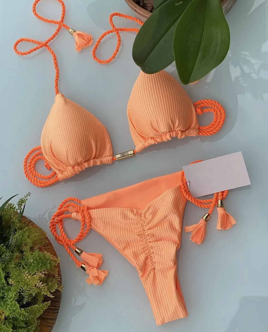 Women's Bikini New Special Fabric Solid Color Rope Swimsuit Multicolor