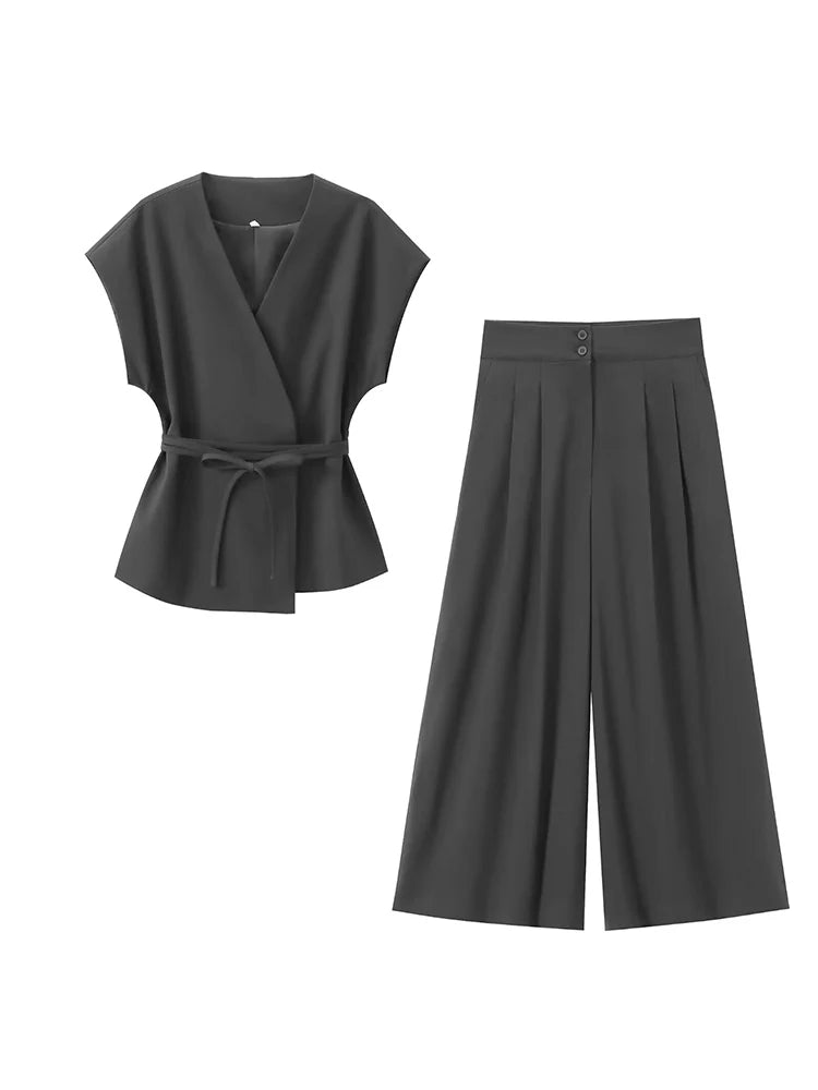 TFMLN Fashion Women's Trouser Suits Sleeveless V-Neck Top With Belt Straight Pants Sets 2025 Spring Summer Commuter 2 Piece Set