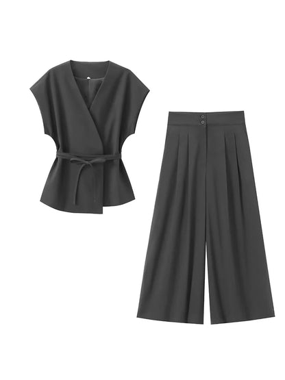 TFMLN Fashion Women's Trouser Suits Sleeveless V-Neck Top With Belt Straight Pants Sets 2025 Spring Summer Commuter 2 Piece Set