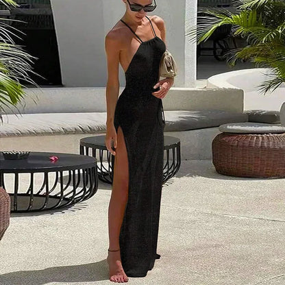 Para Praia Knitted Cover Up Beach Dress Sexy See Through Slit Bodycon Summer Dress Bikinis Cover-ups  Elegant Halter Beachdress