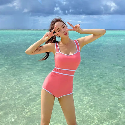 2024 Korean Fashion Swimwear Cute Candy Solid Color Strap High Waist Bandeau Bodysuit Women's Slim Bikini One Piece Swimsuit