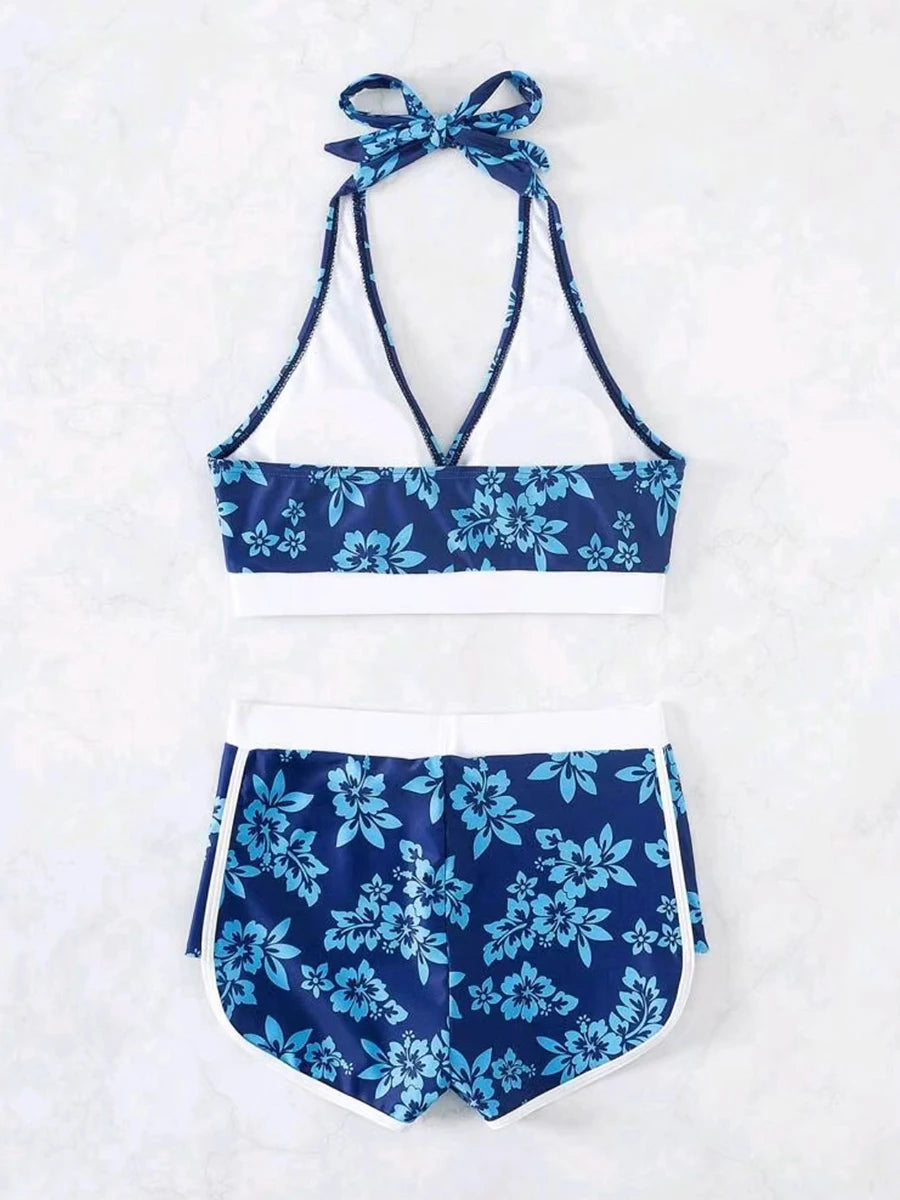 2025 Halter Sporty Bikinis Printed Swimsuit Women High Waist Shorts Swimwear Female Bathers Bathing Swimming Swim Suit Beachwear