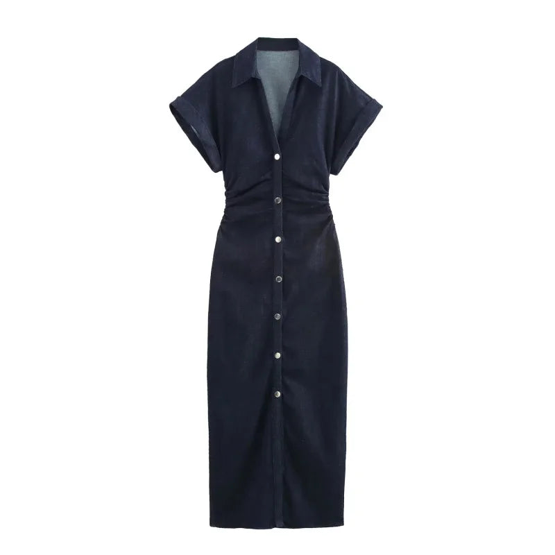 ETJ 2025  Spring New 1975 series denim MIDI dress with lapel side zipper fashion wrinkle waist slim elegant dress