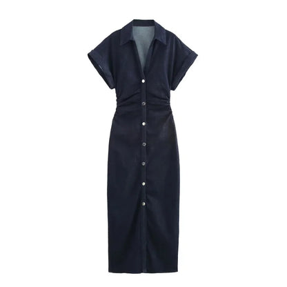 ETJ 2025  Spring New 1975 series denim MIDI dress with lapel side zipper fashion wrinkle waist slim elegant dress