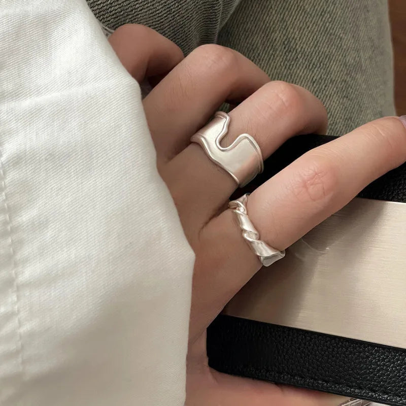 VENTFILLE 925 Sterling Silver Rings INS Fashion Hip Hop Vintage Couples Hollow Lines Punk Thai Silver Party Adjustable  Jewelry