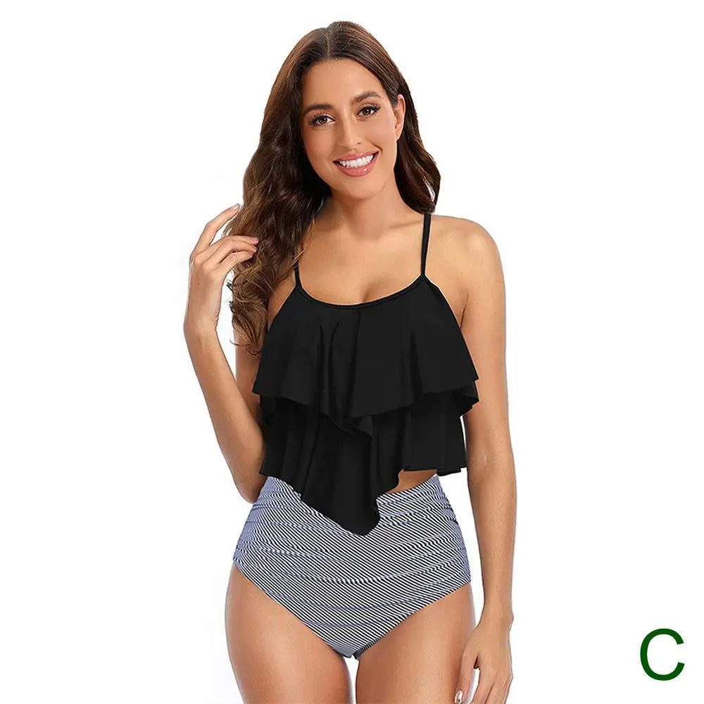 8 Colors Women Ruffled Tankini Set Padded Top With Adjustable Shoulder Straps Elastic Slim Knitted High Waisted Beachwear 2025