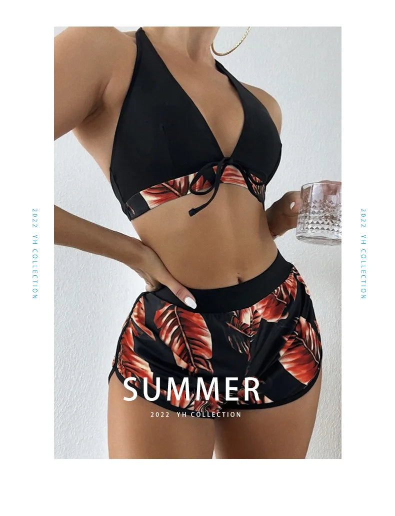 Women 2025 New Bikinis 6 Colors Sexy Halter Bikini 3 Piece Set Leafs Print High Waisted Swimsuit Beach Bathing Suit Size S-XXL