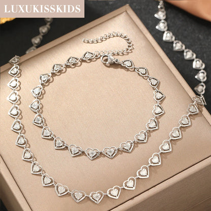 LUXUKISSKIDS Fashion Cubic Love Heart Minimalist Jewelry Set Necklace Earrings Bracelets Stainless Steel Women/Girls Accesories
