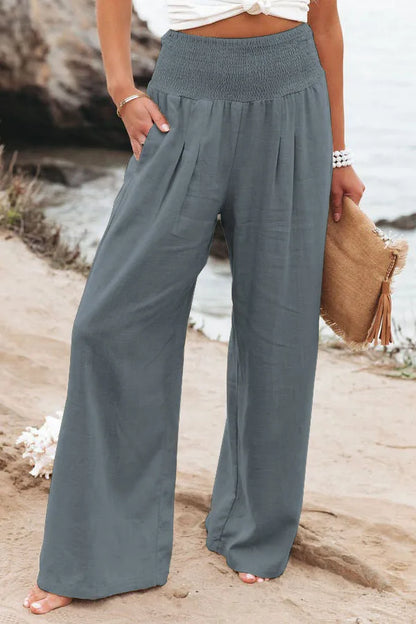 Women's casual pants with drawstring, mid waist, beach wide leg, spring and summer, European and American pants