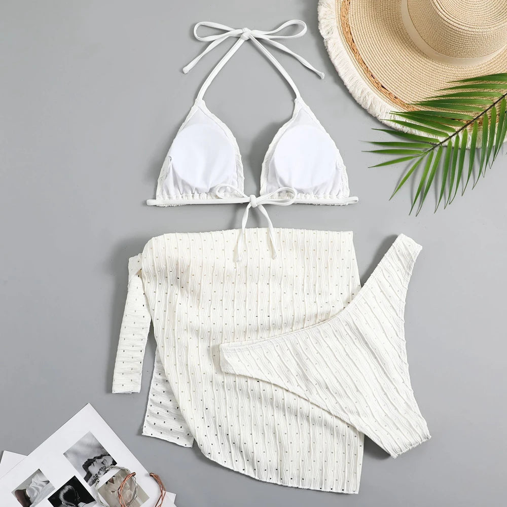 2025 Summer Halter Bikini 3 Pieces Women Special Material Sexy Thong Swimwear With Sarong Skirt White/Black/Pink/Green Beachwear