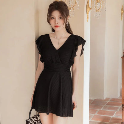 Ele Lace One-Piece Swimsuit Women's High Waist Brief Svel Slimming Thermal Bathing Suit Casual  Color Swimwear