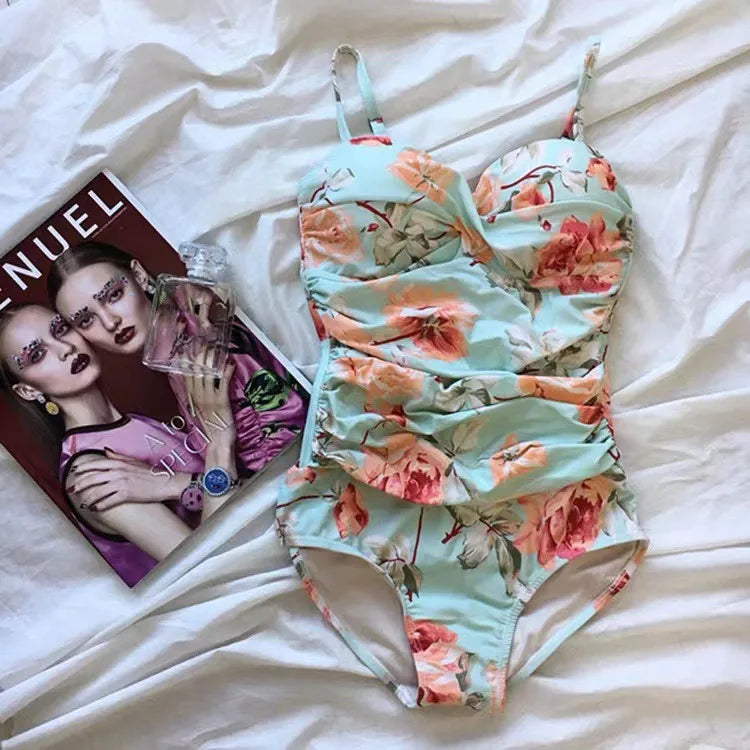 2024 Women One Piece Swimsuit Korean Red Beach Wear Tummy Control Bathing Suit Female Backless Monokini Padded Swimming Pool