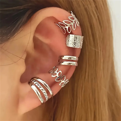 5pcs/set Trendy Elegant Design Ear Cuff Classic Elegant Style Women's No Piercing Clip Earrings Leaf Shaped Circle Stacked Shape