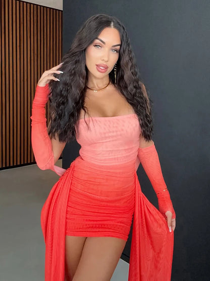 kliou Mesh Simple Women Mini Dress Fashion Solid Strapless Ribbons Tassel Body-shaping Vestidos+Seperately Full Sleeve Gloves