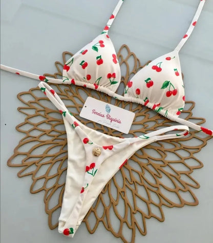 Print Sexy Bikini Sets Halter Lace-up Tops Thongs Beach Style Bathing Suit Y2k Swimsuits Women Beachwear Купальник Женский 2025