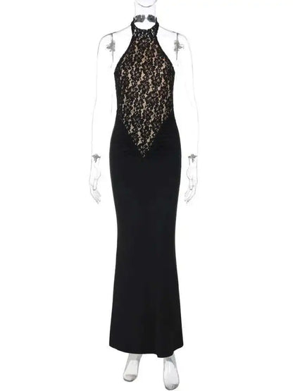 Mozision Lace Halter Backless Sexy Maxi Dress For Women Black Off-shoulder Strapless Sleeveless Bodycon Club Party Long Dress