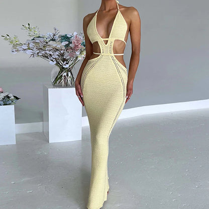 Sexy Style Hollow Out Backless Tie Up Dress Women Beach Vacation Beachwear Cover Up Knitting Sun Bathing Sunscreen Long Dress