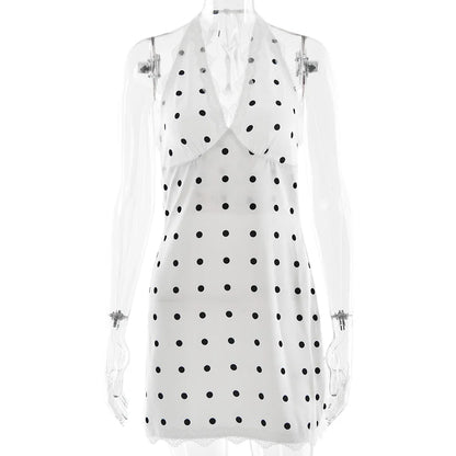 JULISSA MO Deep V-neck Print Polka Dot Halter Women Dress Backless Patchwork Lace Mini Dress Summer Slim Elegant Party Clubwear