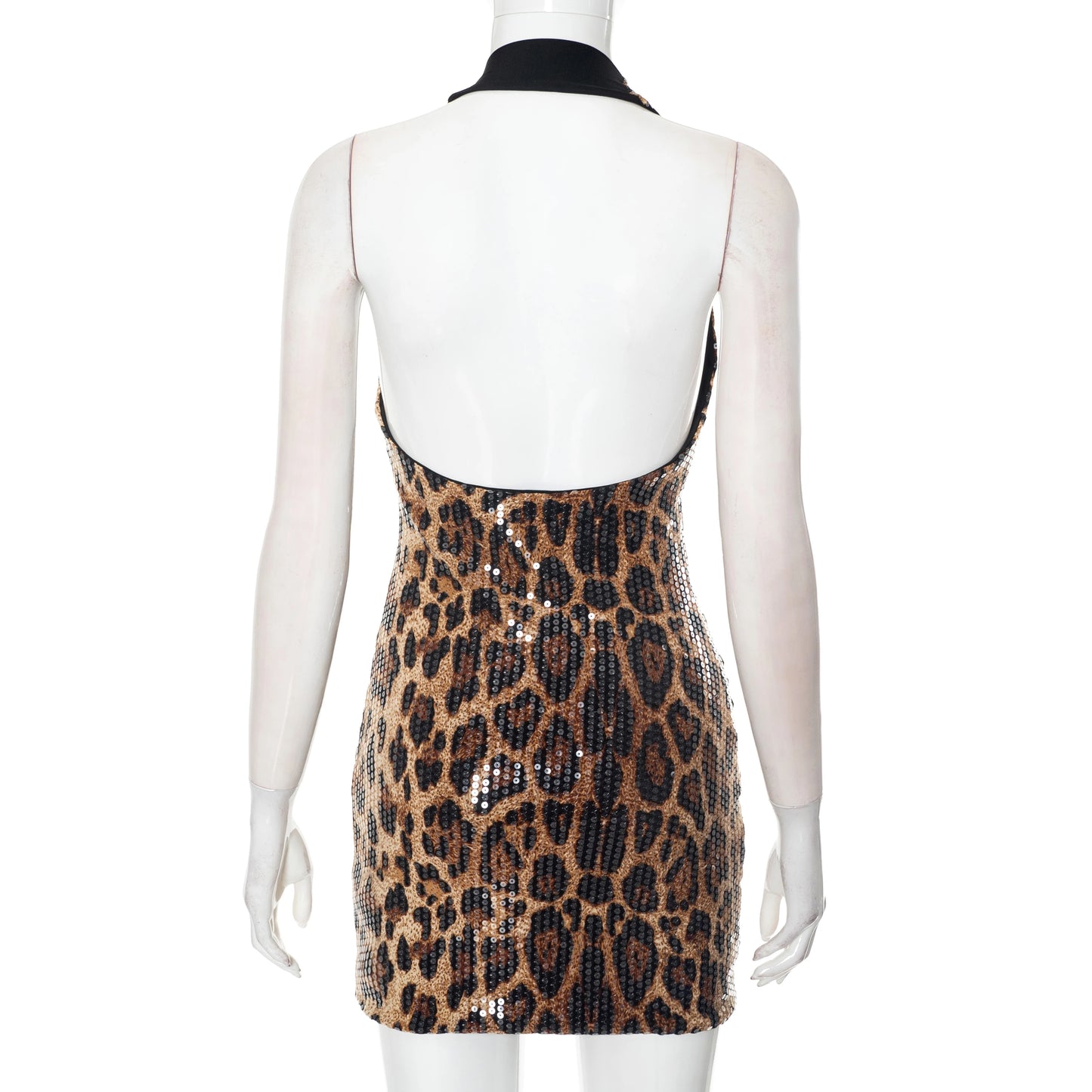 CUTENOVA 2025 Summer New Women'S Sexy Sleeveless Hanging Neck Leopard Print Beaded Deep V-Neck Revealing Backpack Hip Dresses
