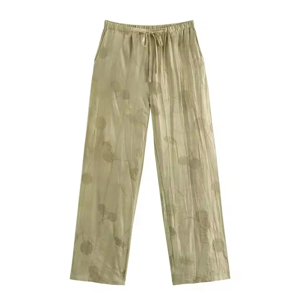 Women Print Long Pants Sets For Women Lapel Half Sleeve Single Breasted Shirts + High Waist Lace-Up Wide Leg Pants