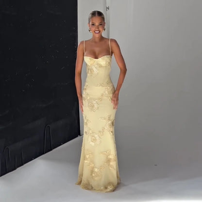 Women Elegant Printed Long Dress Chic Back Lace Up Slim Fish Tail Pendulum Sling Robes 2025 New Lady Party Club Evening Gowms