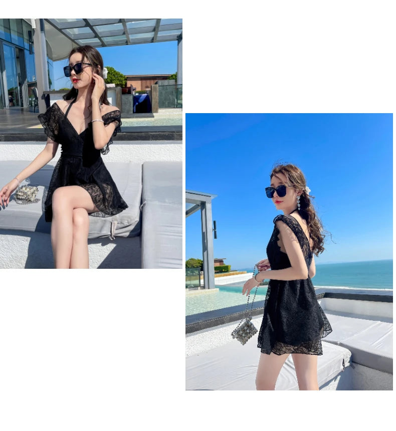 Ele Lace One-Piece Swimsuit Women's High Waist Brief Svel Slimming Thermal Bathing Suit Casual  Color Swimwear