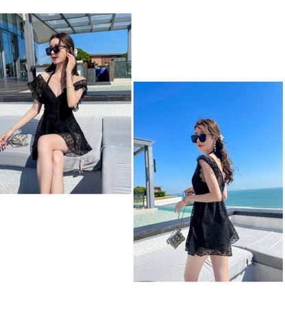 Ele Lace One-Piece Swimsuit Women's High Waist Brief Svel Slimming Thermal Bathing Suit Casual  Color Swimwear