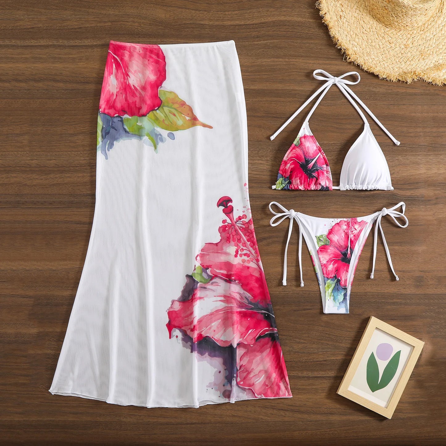 2025 New Flower Print Bikini Set Women's High Waist Long Skirt 3 Piece Swimsuit Sexy Mini Triangle Backless Thong Bathing Suit