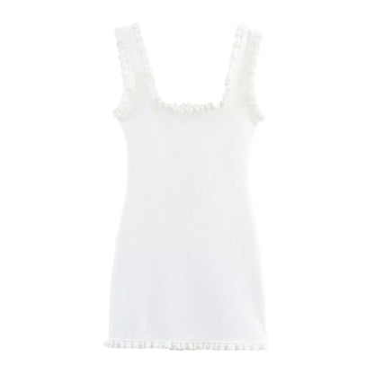 HH Female Summer Sexy Slim Dress 2 Color Solid Square Collar Sleeveless Backless Flower Decoration Women's Fashion Dresses