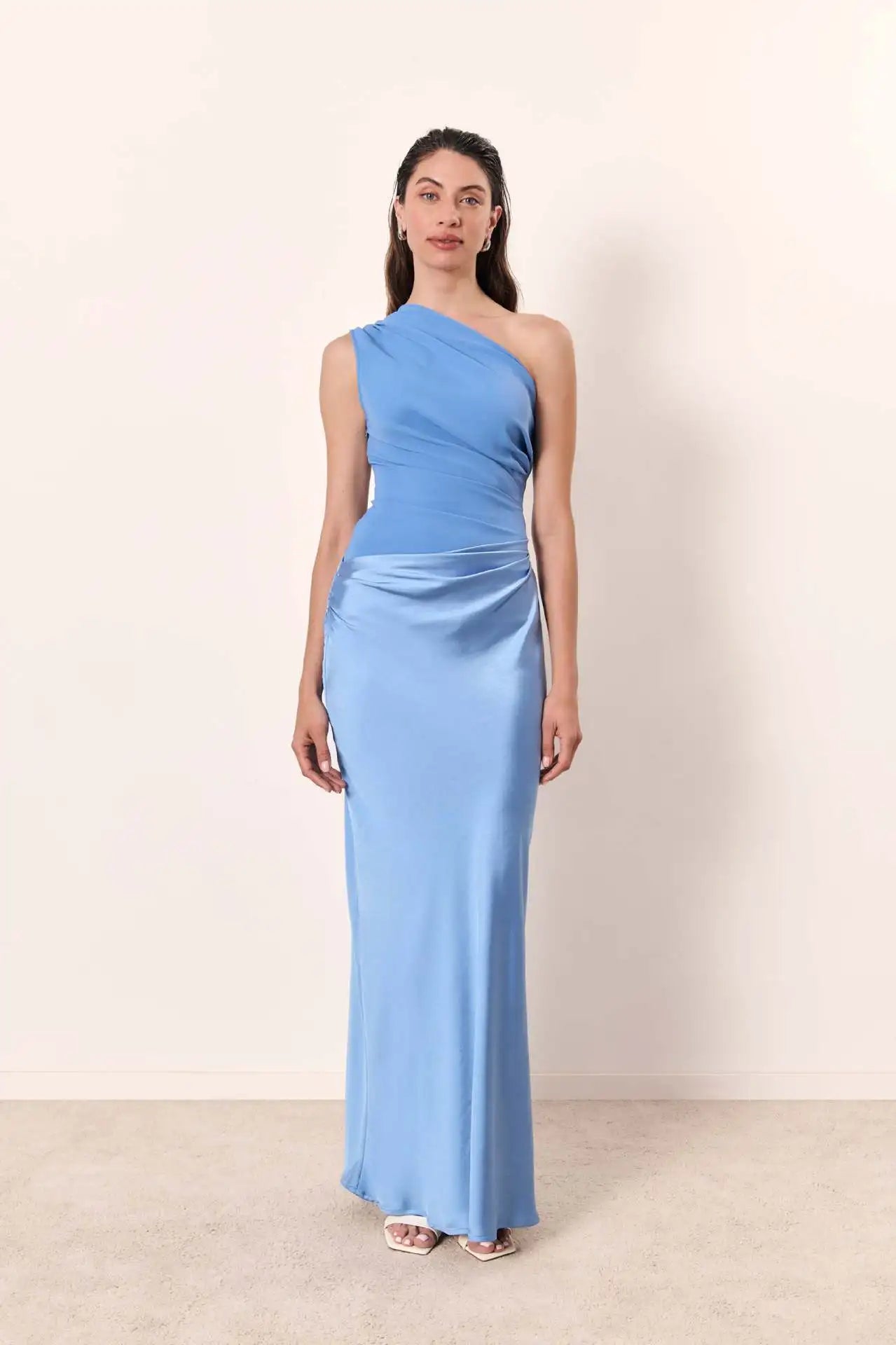 Satin Patchwork One-Shoulder Sexy Maxi Dress Women Sleeveless Ruched Bodycon Dress 2025 New Elegant Wedding Evening Party Robes