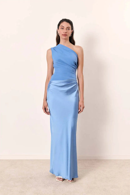 Satin Patchwork One-Shoulder Sexy Maxi Dress Women Sleeveless Ruched Bodycon Dress 2025 New Elegant Wedding Evening Party Robes