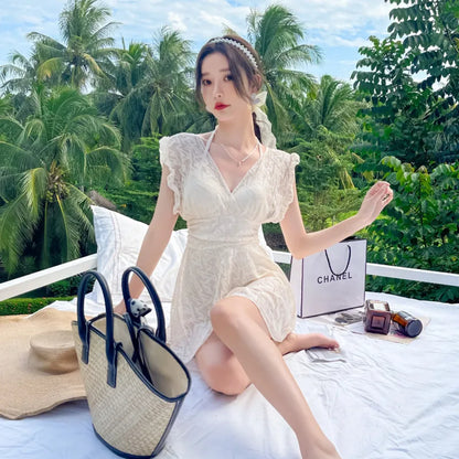 Ele Lace One-Piece Swimsuit Women's High Waist Brief Svel Slimming Thermal Bathing Suit Casual  Color Swimwear