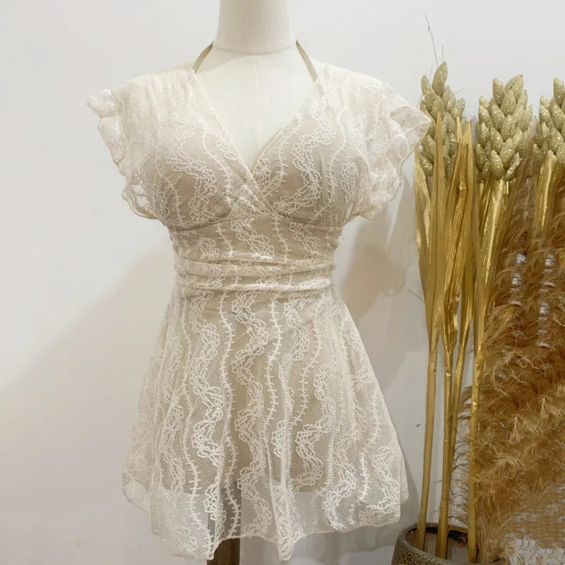 Ele Lace One-Piece Swimsuit Women's High Waist Brief Svel Slimming Thermal Bathing Suit Casual  Color Swimwear