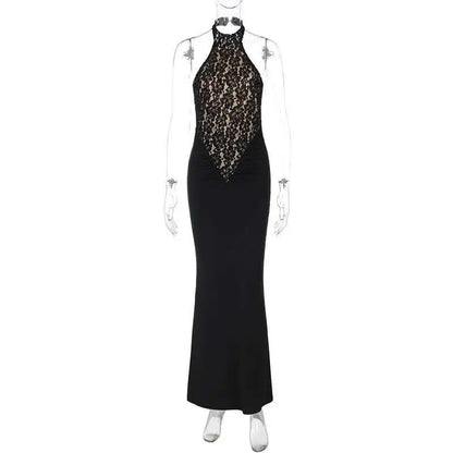 Mozision Lace Halter Backless Sexy Maxi Dress For Women Black Off-shoulder Strapless Sleeveless Bodycon Club Party Long Dress