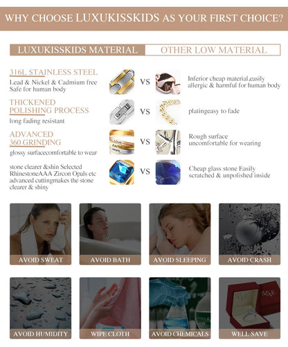 LUXUKISSKIDS Fashion Cubic Love Heart Minimalist Jewelry Set Necklace Earrings Bracelets Stainless Steel Women/Girls Accesories