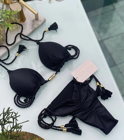 Women's Bikini New Special Fabric Solid Color Rope Swimsuit Multicolor