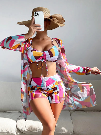 Mingyi New Multi-Color Mesh Cover up Sexy Leg Lengthening Swimsuit Top Bottoms Three-Piece Set Women's Swimwear