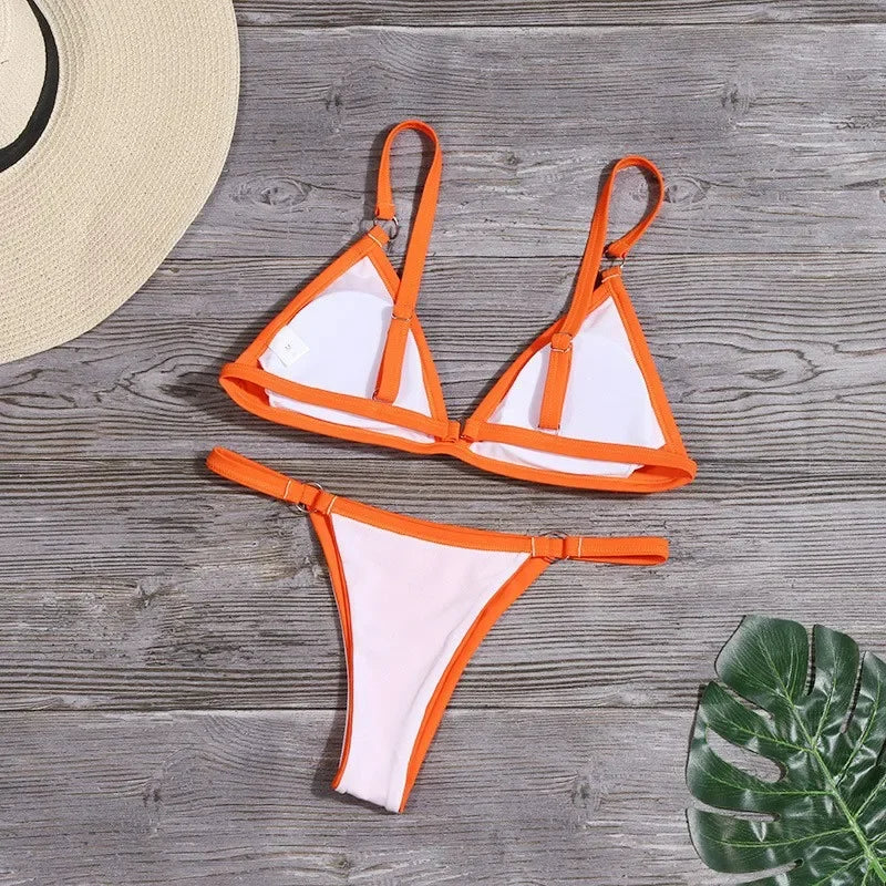 Pure Color Triangle Bikini Separate Swimsuit Metal Ladies Swimwear Single Layer Milk Silk Female Model Chinese Brand