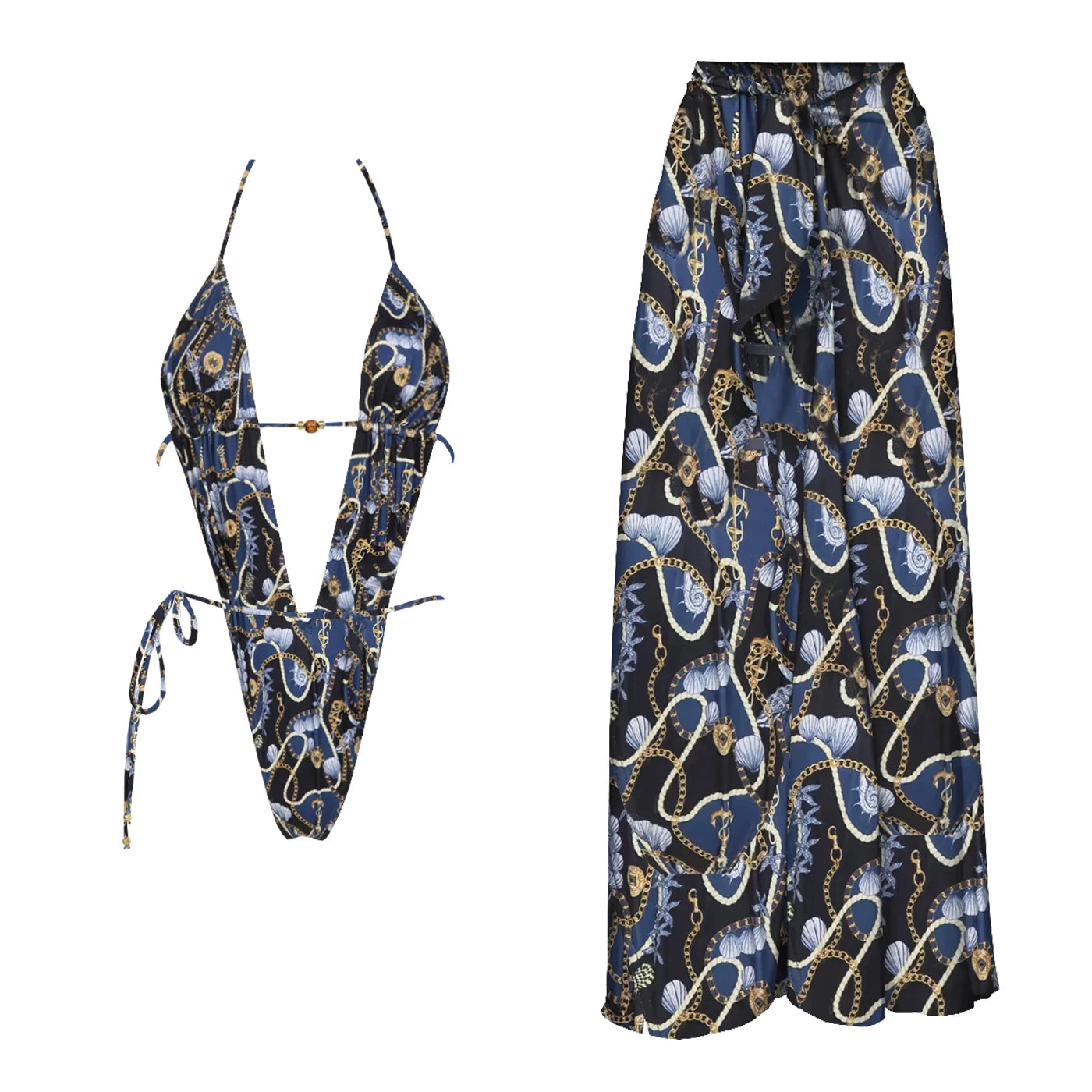 2025 New High Quality Elegant One Piece Swimsuit And Skirt Print Deep-V Lace-up Women Bikini Set Swimwear Party Bathing Suit